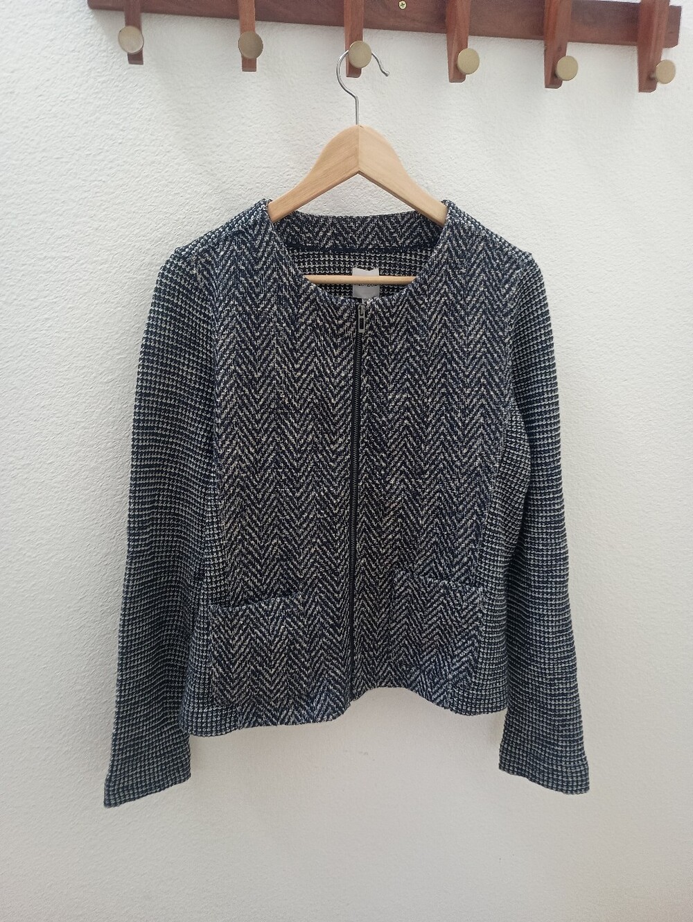 NIC+ZOE Blue & White Mixed Knit Full Zip Collarless Blazer Jacket Size M